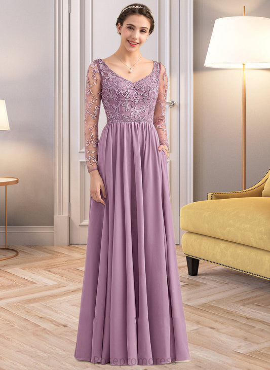 Mireya A-Line V-neck Floor-Length Chiffon Lace Bridesmaid Dress With Beading Pockets SRSP0013147