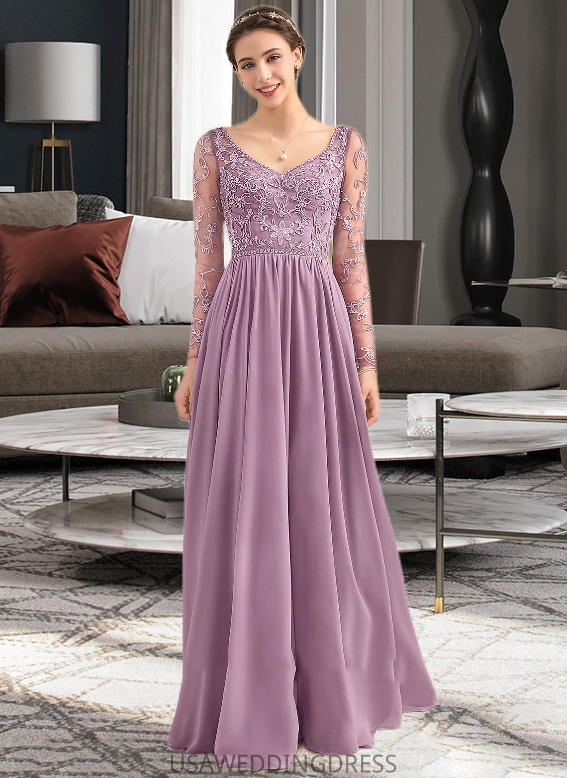 Sarah A-Line V-neck Floor-Length Chiffon Lace Bridesmaid Dress With Beading Pockets DSP0013147