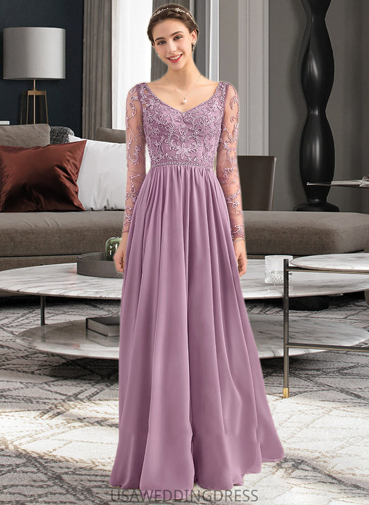 Sarah A-Line V-neck Floor-Length Chiffon Lace Bridesmaid Dress With Beading Pockets DSP0013147
