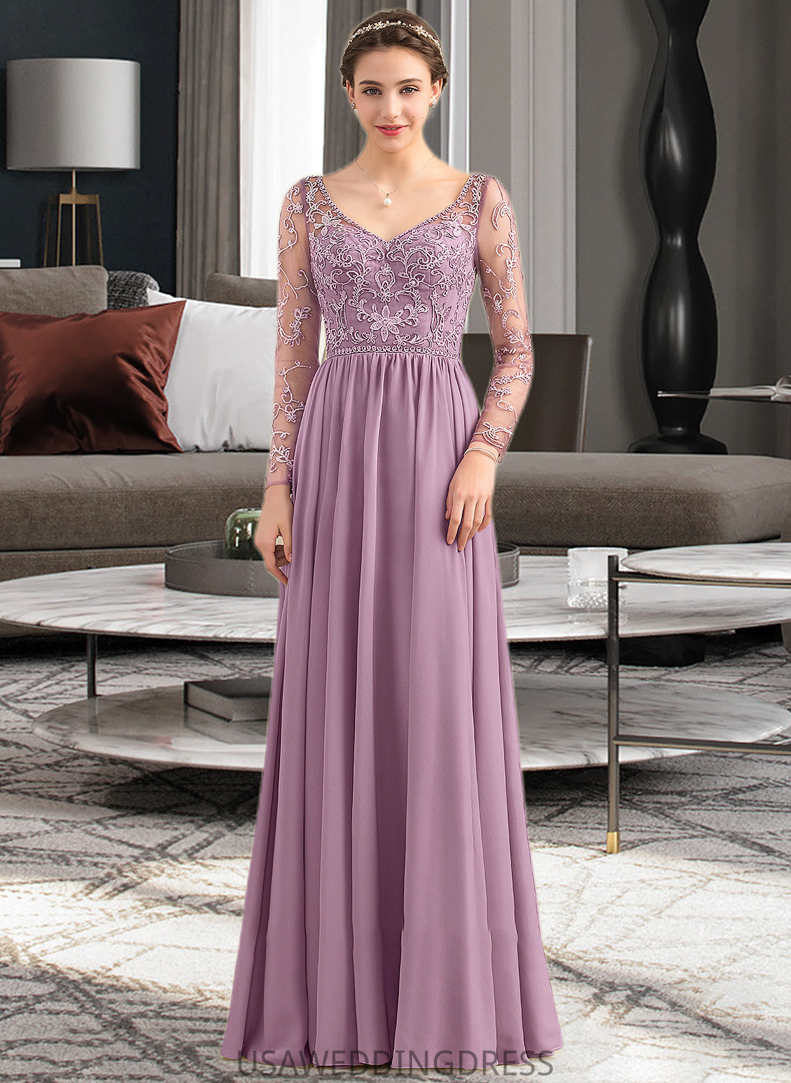 Sarah A-Line V-neck Floor-Length Chiffon Lace Bridesmaid Dress With Beading Pockets DSP0013147