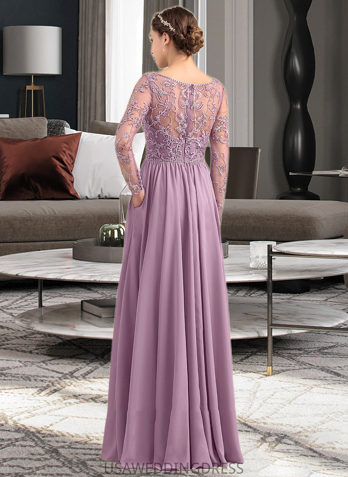 Sarah A-Line V-neck Floor-Length Chiffon Lace Bridesmaid Dress With Beading Pockets DSP0013147