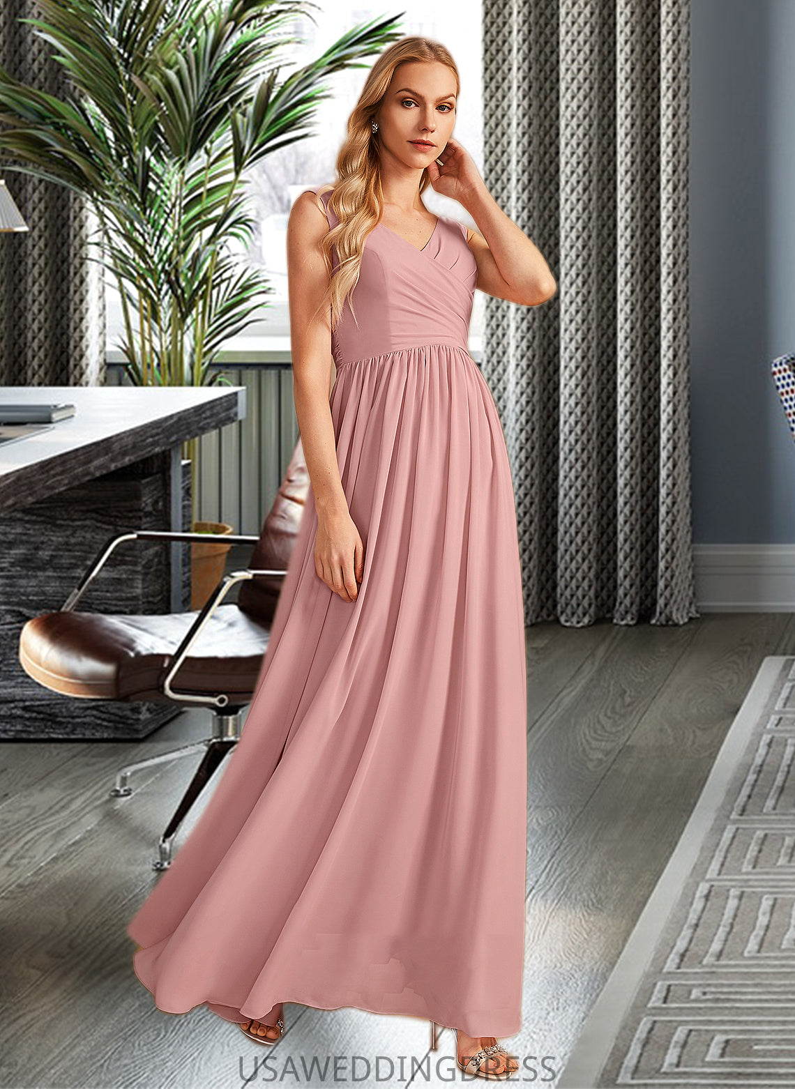 Eileen A-Line V-neck Floor-Length Bridesmaid Dress With Ruffle Bow(s) DSP0013148
