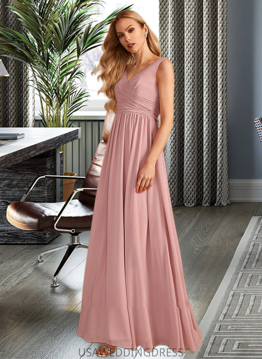 Eileen A-Line V-neck Floor-Length Bridesmaid Dress With Ruffle Bow(s) DSP0013148