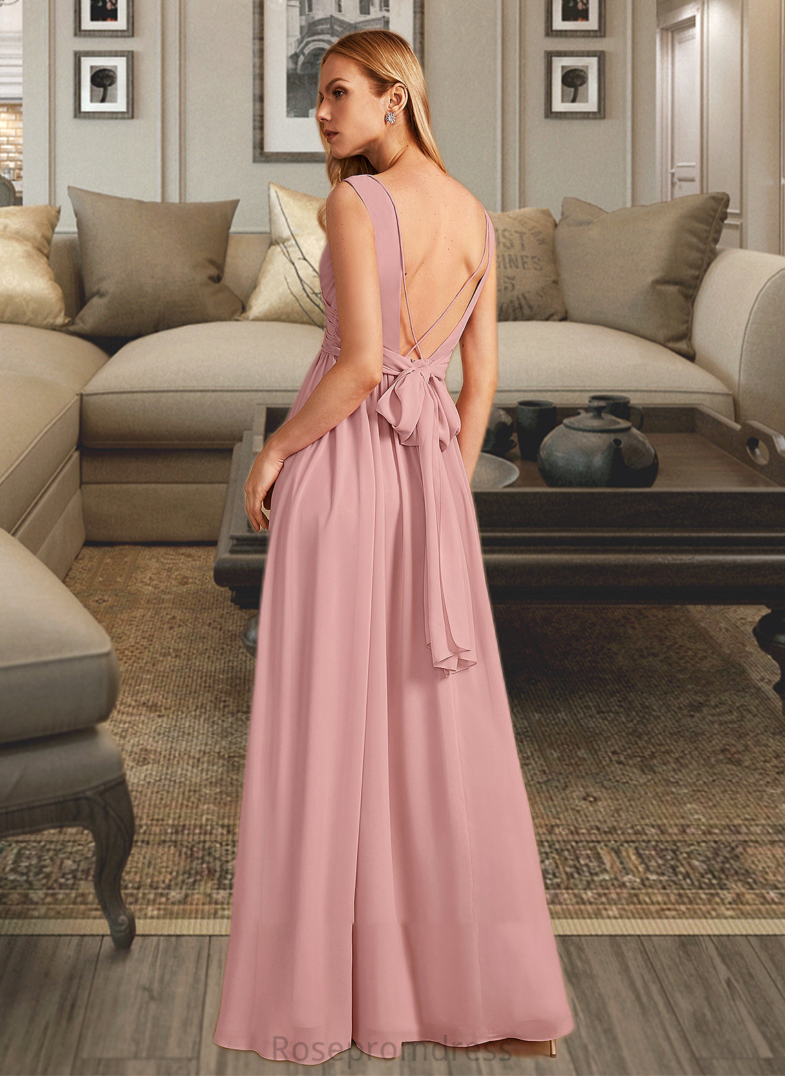 Lorena A-Line V-neck Floor-Length Bridesmaid Dress With Ruffle Bow(s) SRSP0013148