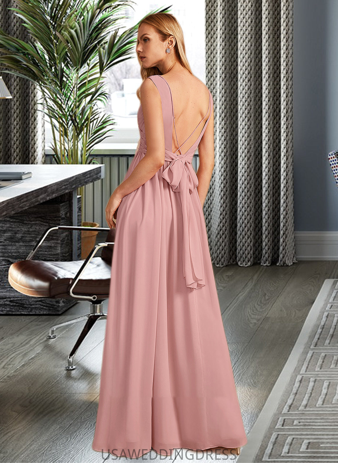 Eileen A-Line V-neck Floor-Length Bridesmaid Dress With Ruffle Bow(s) DSP0013148