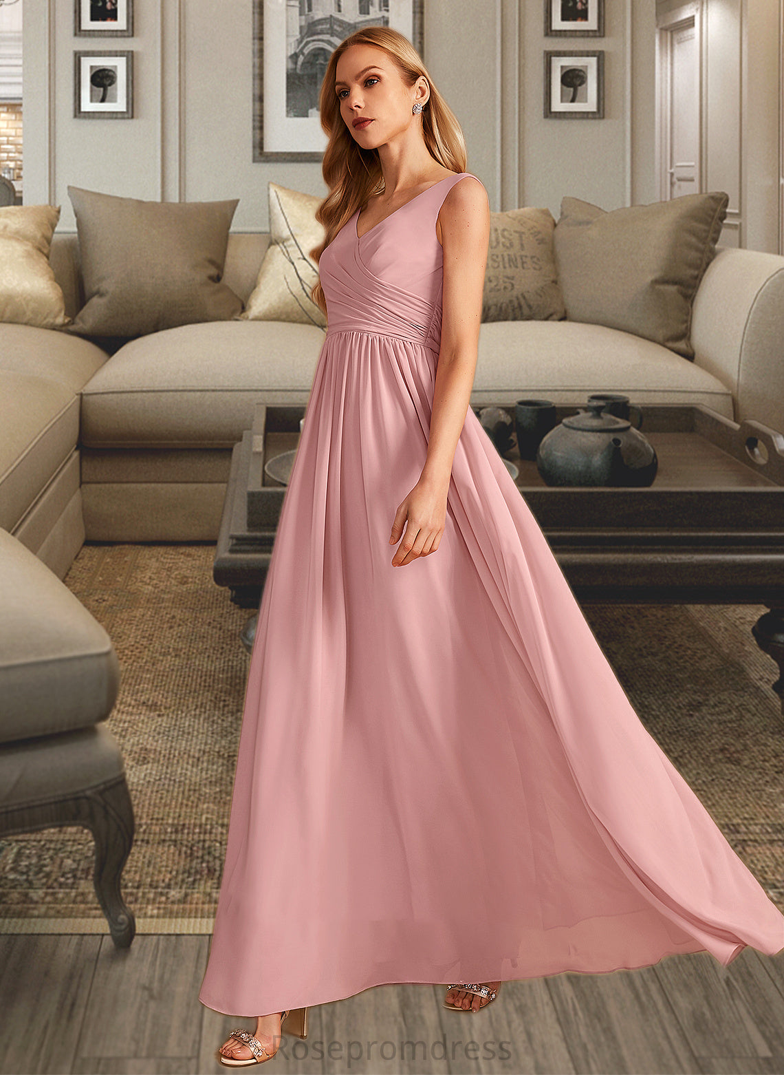 Lorena A-Line V-neck Floor-Length Bridesmaid Dress With Ruffle Bow(s) SRSP0013148