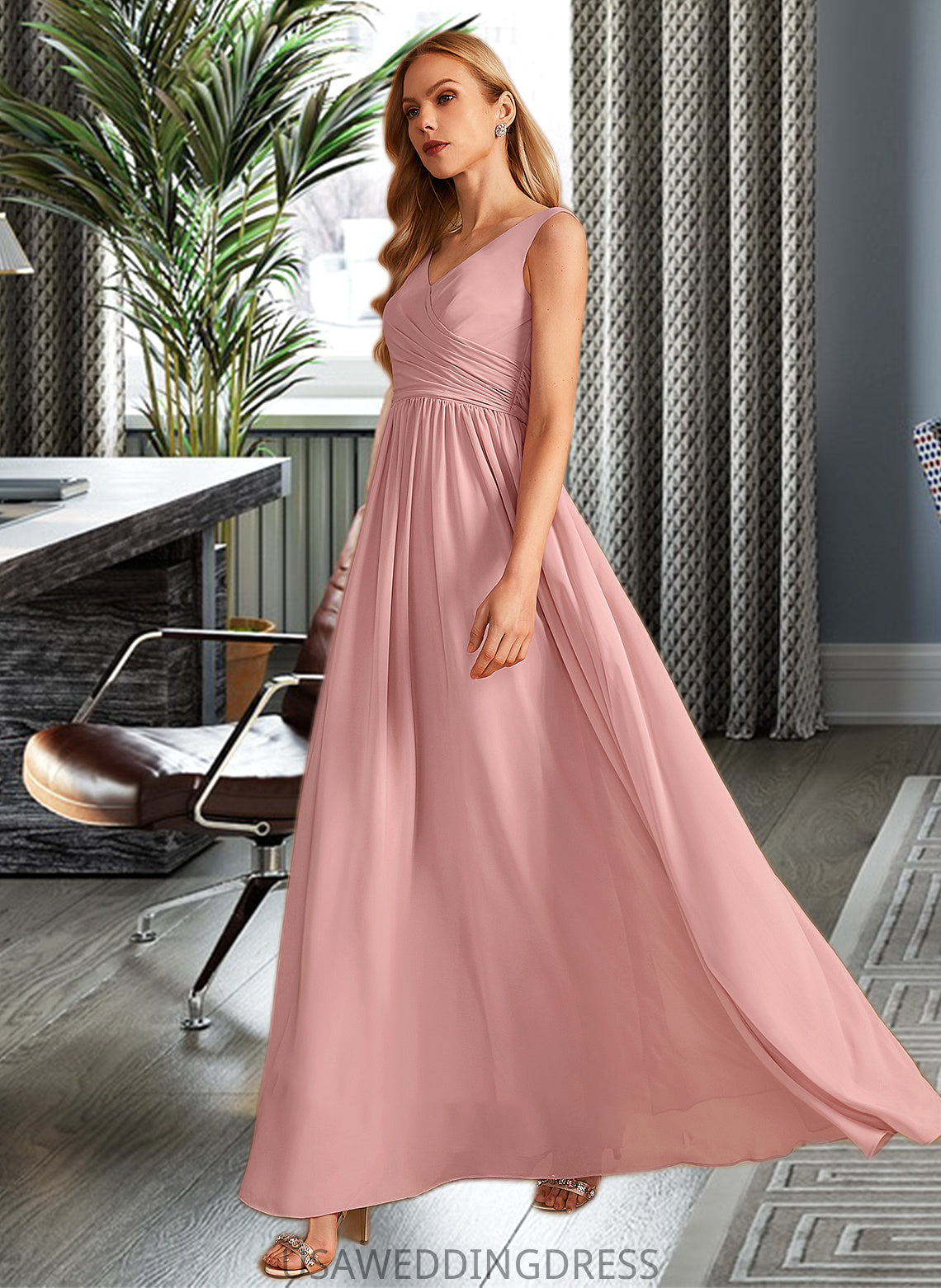 Eileen A-Line V-neck Floor-Length Bridesmaid Dress With Ruffle Bow(s) DSP0013148