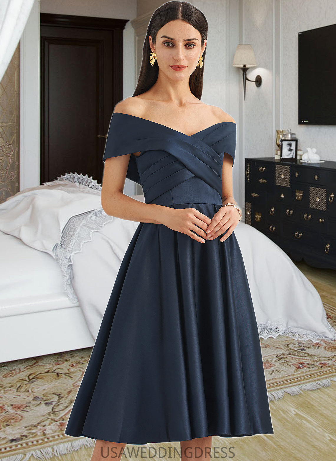 Josephine A-Line Off-the-Shoulder Knee-Length Bridesmaid Dress With Pockets DSP0013150
