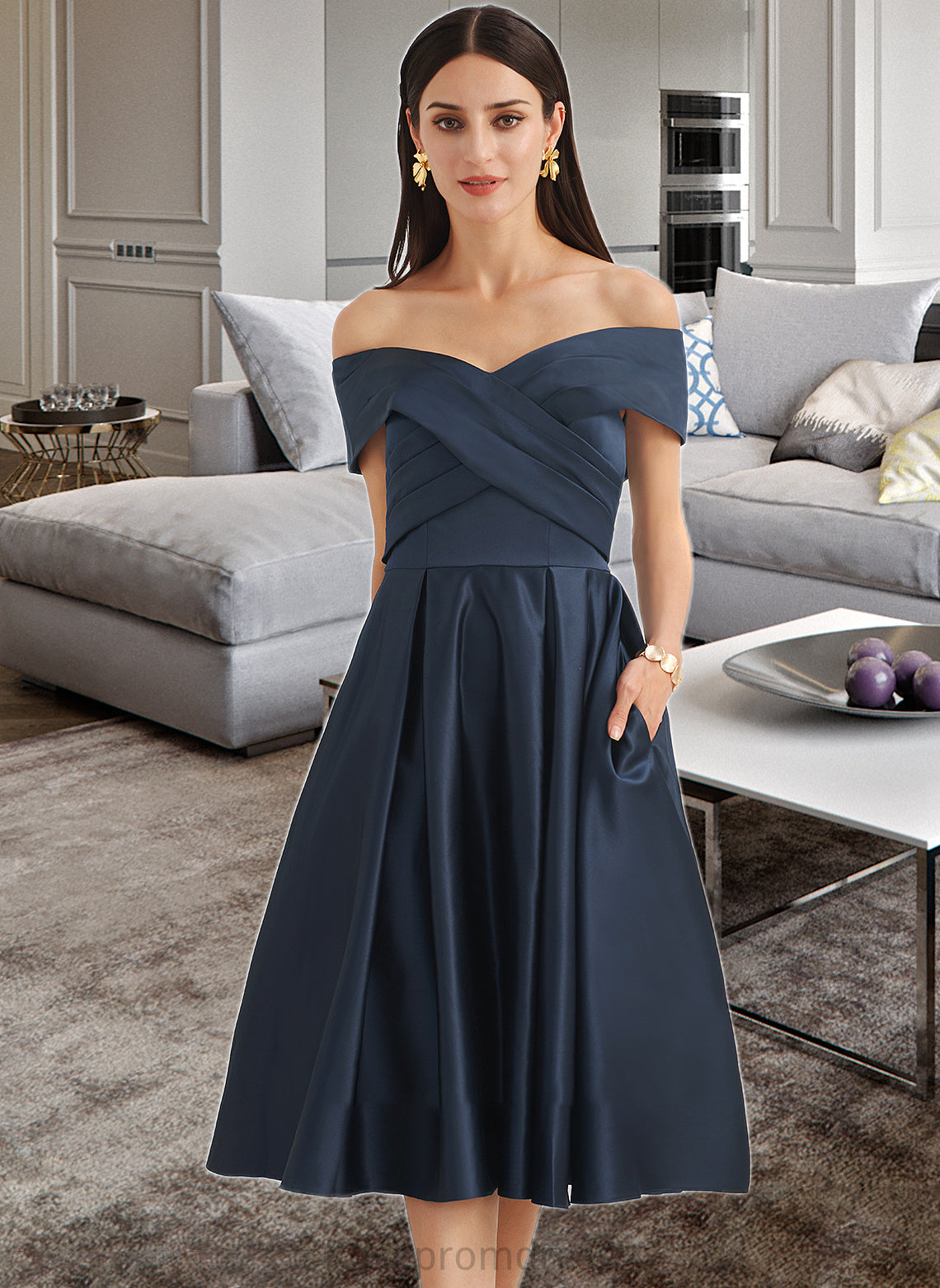 Eva A-Line Off-the-Shoulder Knee-Length Bridesmaid Dress With Pockets SRSP0013150