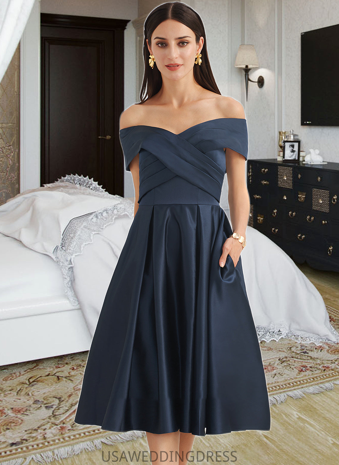 Josephine A-Line Off-the-Shoulder Knee-Length Bridesmaid Dress With Pockets DSP0013150