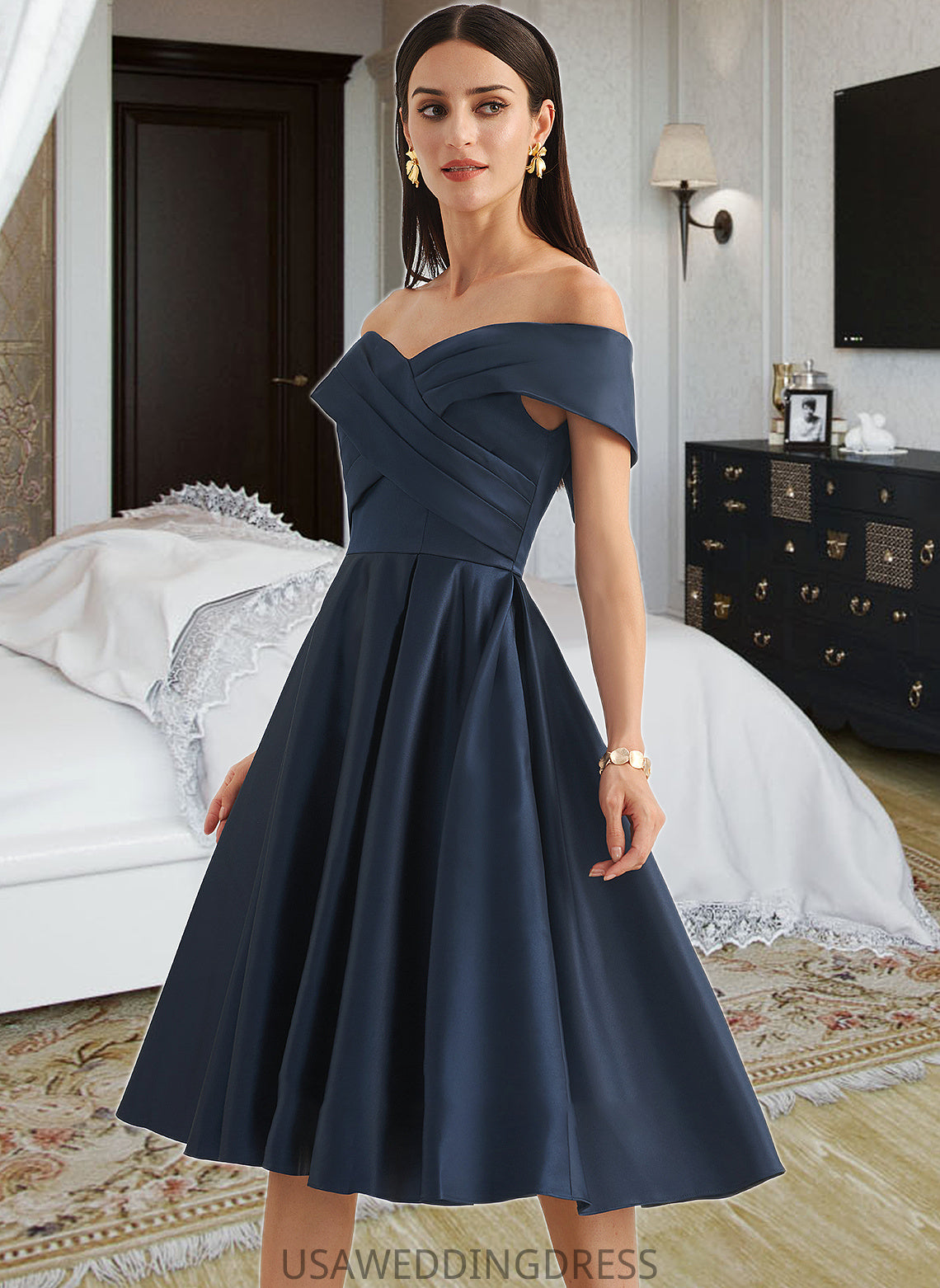 Josephine A-Line Off-the-Shoulder Knee-Length Bridesmaid Dress With Pockets DSP0013150