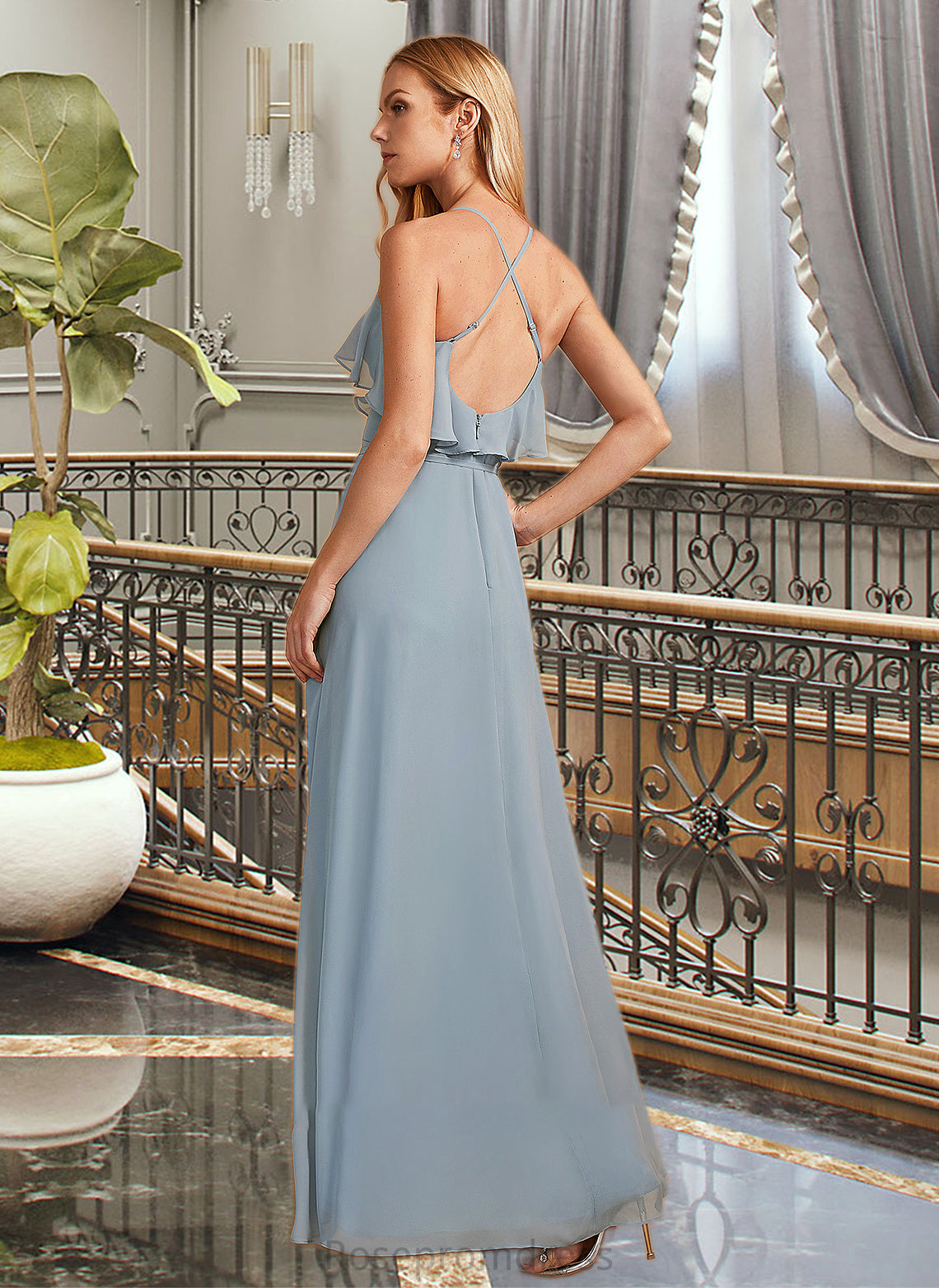 Krista A-Line V-neck Asymmetrical Bridesmaid Dress With Ruffle SRSP0013155