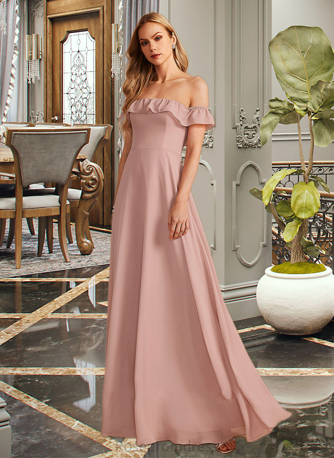 Stephany A-Line Off-the-Shoulder Floor-Length Bridesmaid Dress With Ruffle SRSP0013156