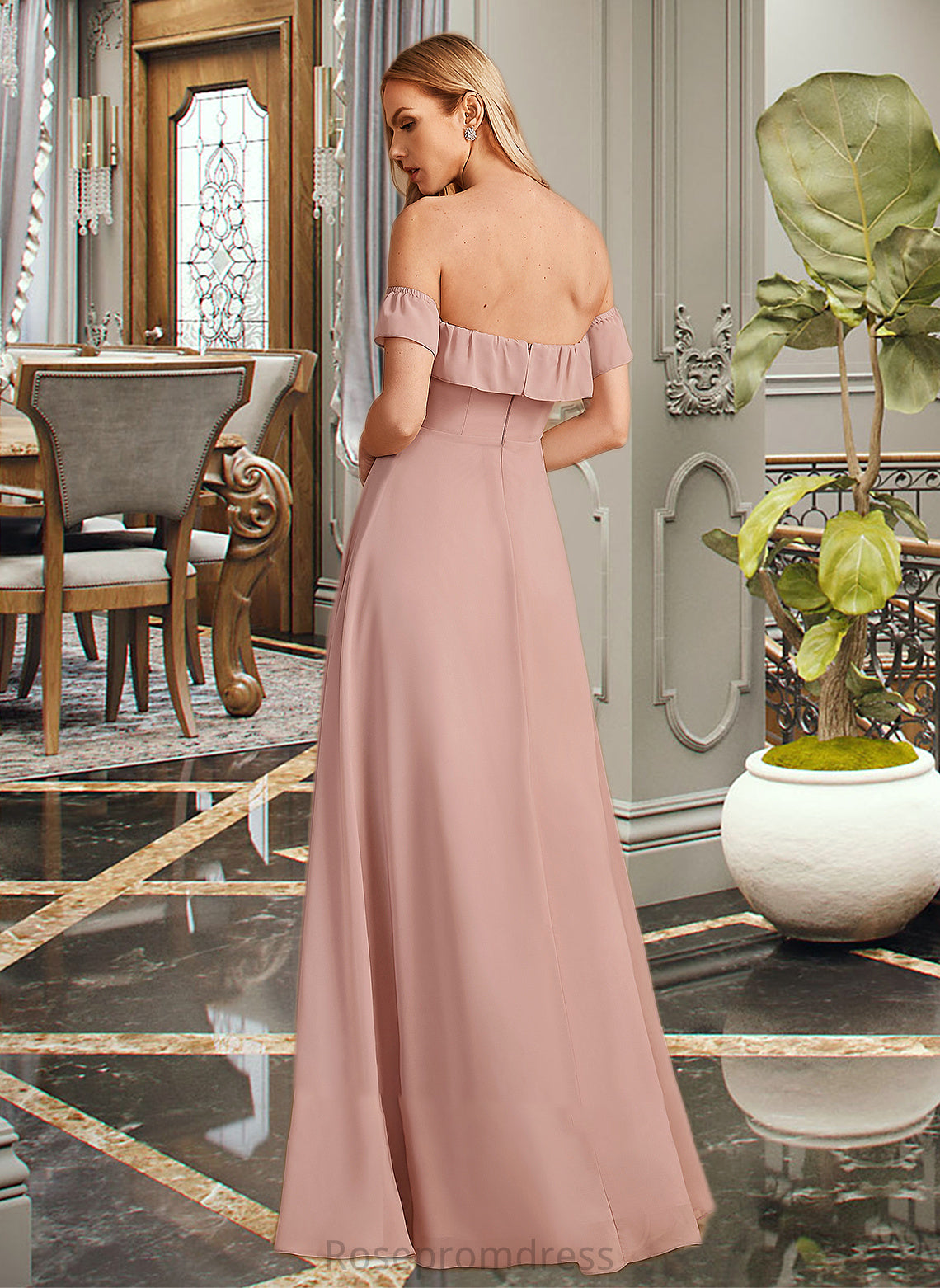 Stephany A-Line Off-the-Shoulder Floor-Length Bridesmaid Dress With Ruffle SRSP0013156