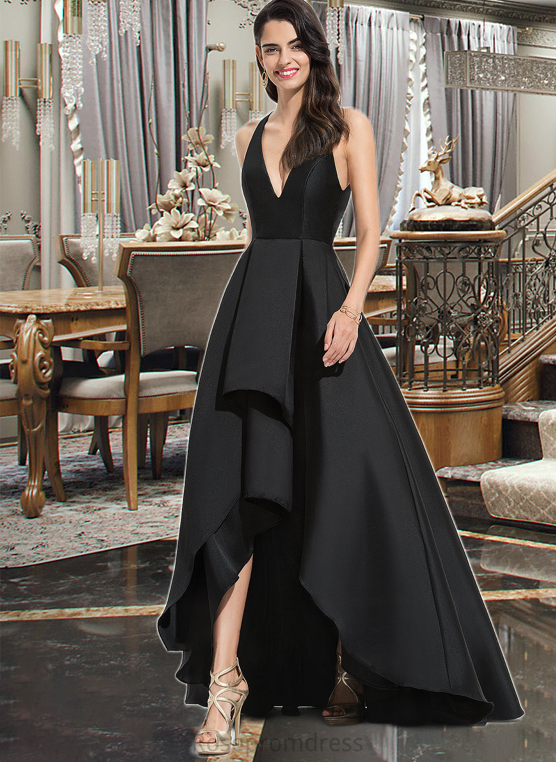 Stacy Ball-Gown/Princess V-neck Asymmetrical Satin Bridesmaid Dress With Cascading Ruffles SRSP0013157