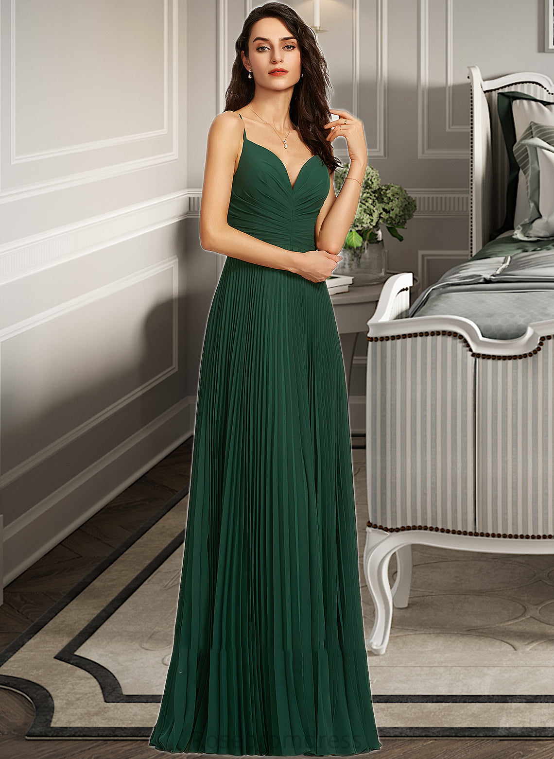 Itzel A-Line V-neck Floor-Length Bridesmaid Dress With Pleated SRSP0013159