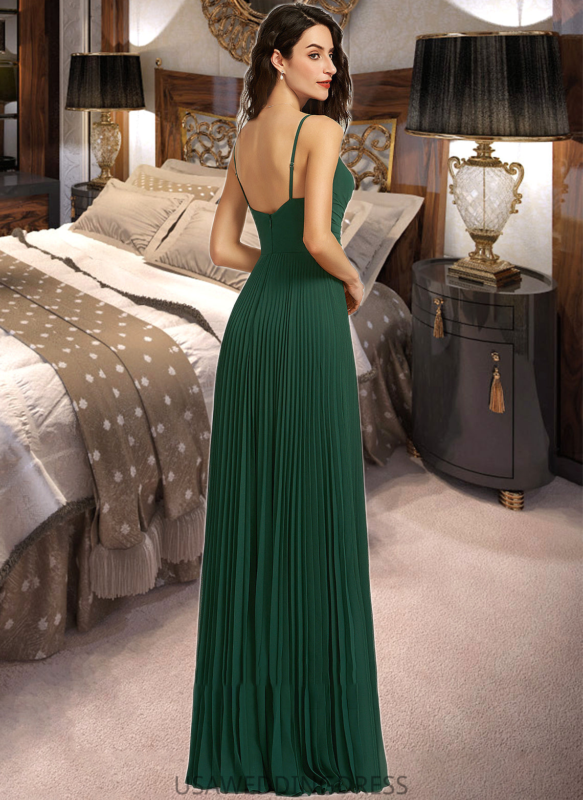 Judith A-Line V-neck Floor-Length Bridesmaid Dress With Pleated DSP0013159