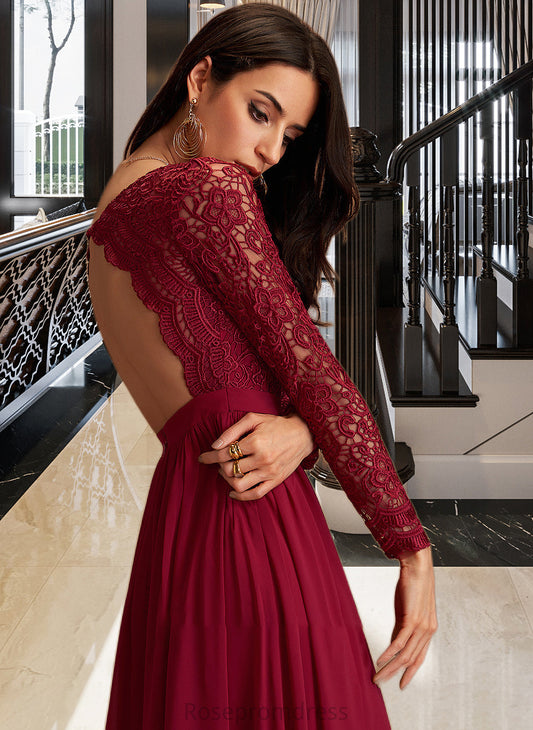 Aryanna A-Line V-neck Floor-Length Chiffon Bridesmaid Dress With Lace SRSP0013160