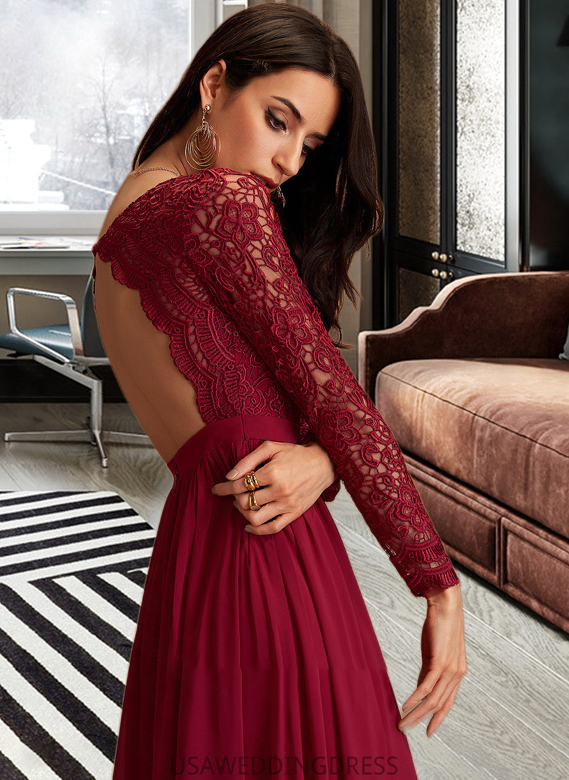 Anabel A-Line V-neck Floor-Length Chiffon Bridesmaid Dress With Lace DSP0013160