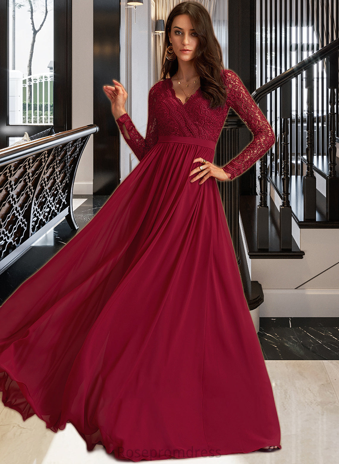 Aryanna A-Line V-neck Floor-Length Chiffon Bridesmaid Dress With Lace SRSP0013160