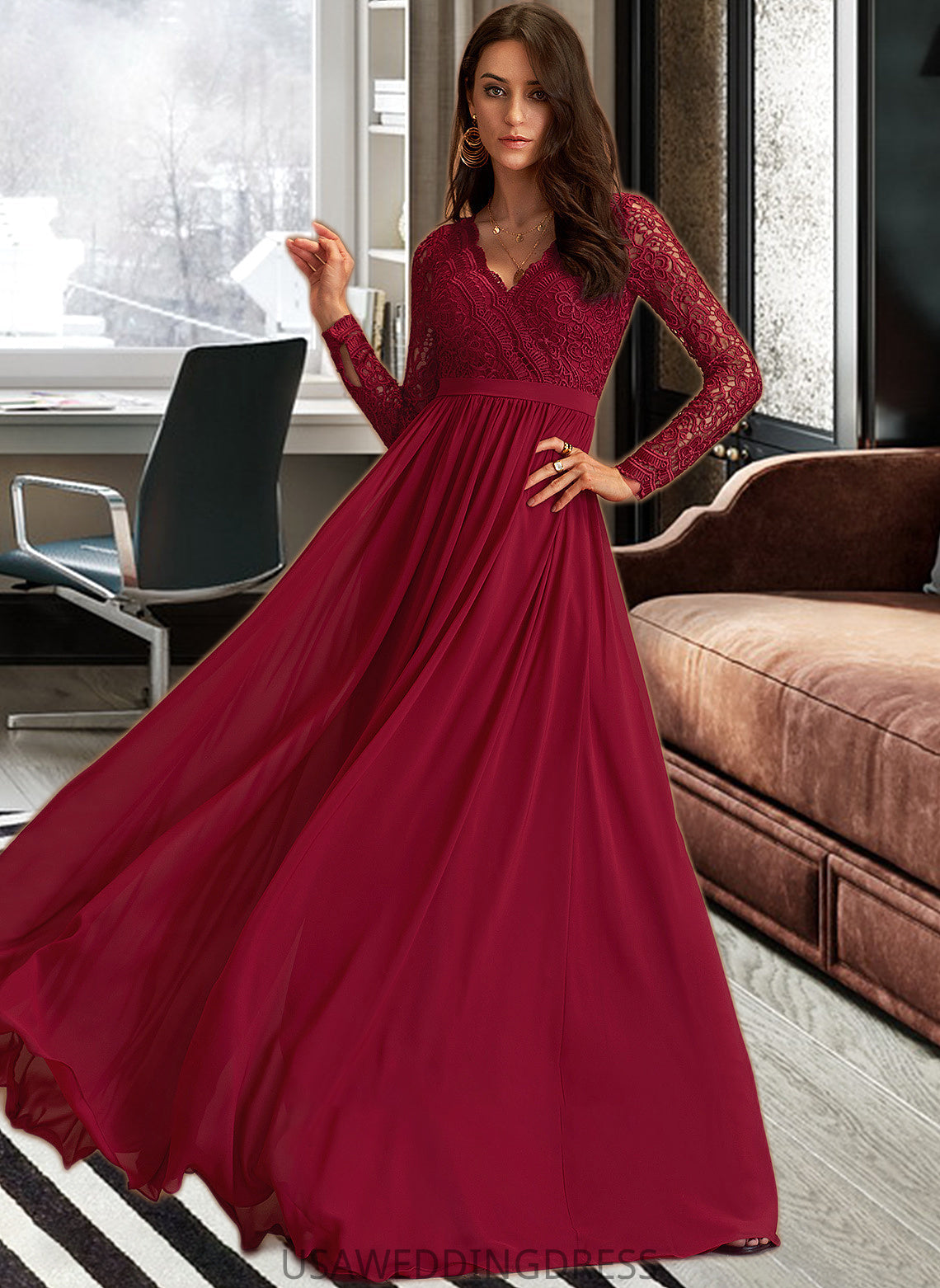 Anabel A-Line V-neck Floor-Length Chiffon Bridesmaid Dress With Lace DSP0013160