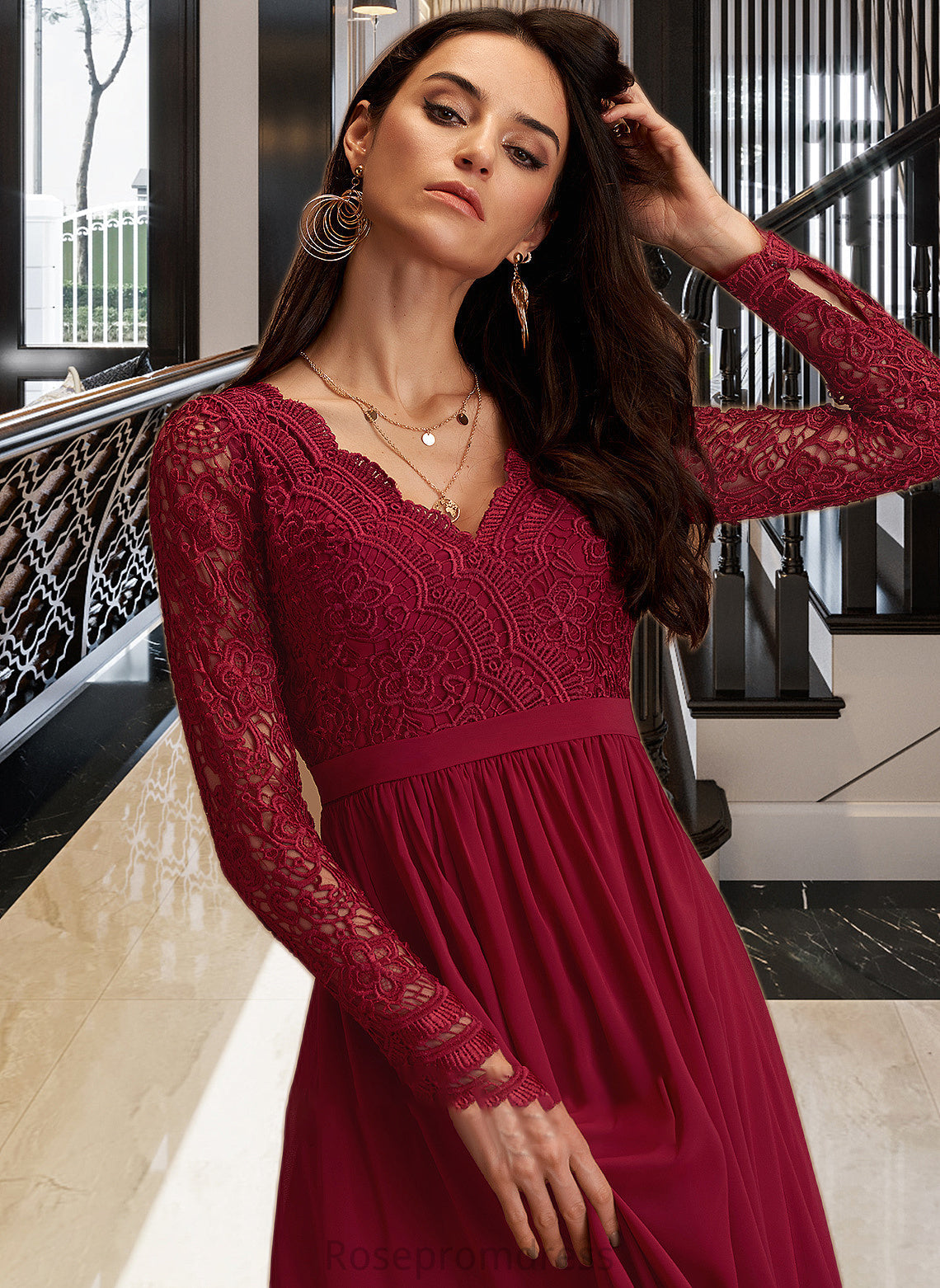 Aryanna A-Line V-neck Floor-Length Chiffon Bridesmaid Dress With Lace SRSP0013160