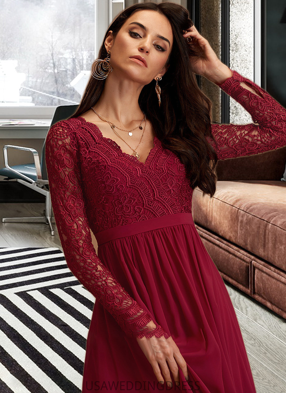 Anabel A-Line V-neck Floor-Length Chiffon Bridesmaid Dress With Lace DSP0013160