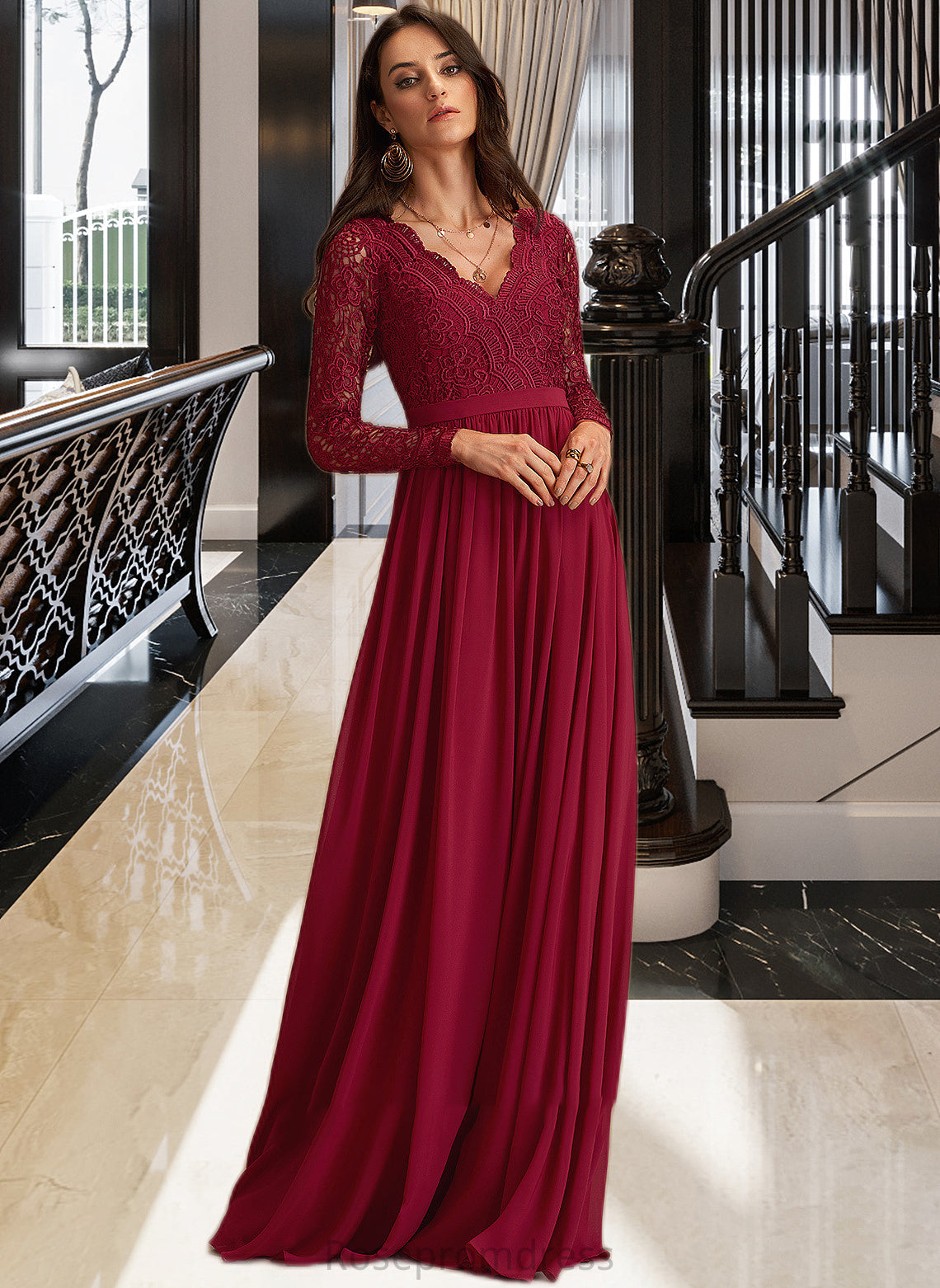 Aryanna A-Line V-neck Floor-Length Chiffon Bridesmaid Dress With Lace SRSP0013160