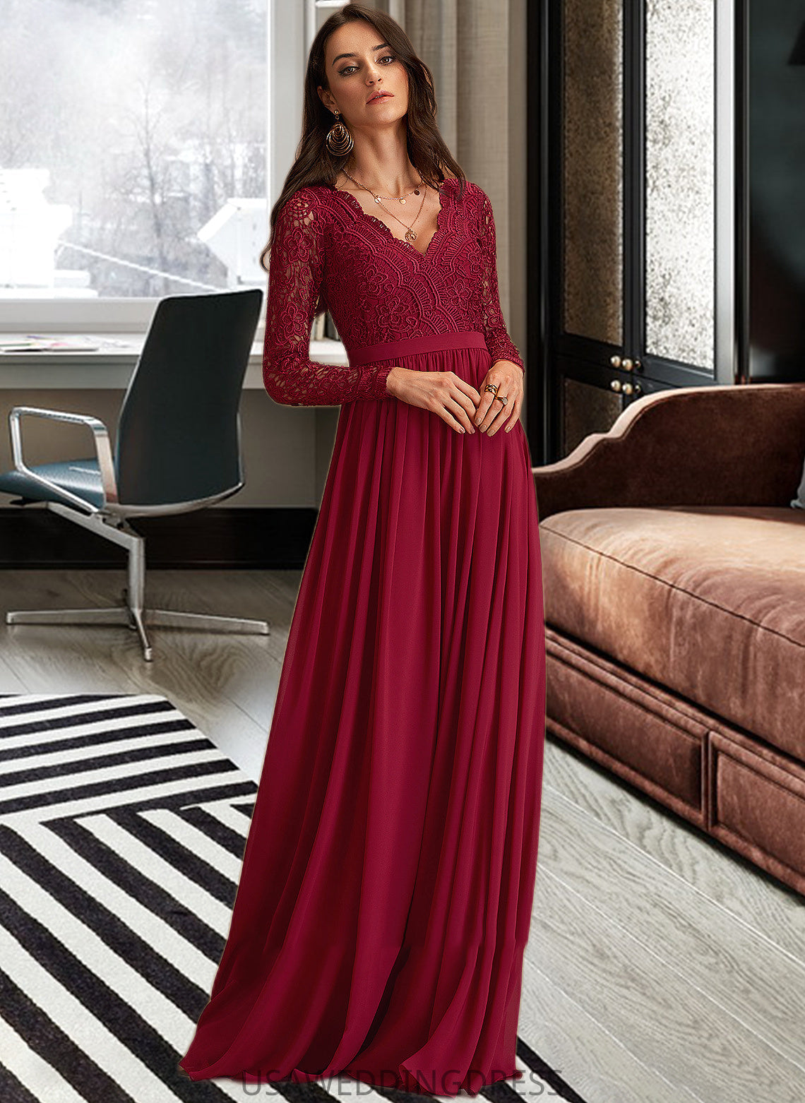 Anabel A-Line V-neck Floor-Length Chiffon Bridesmaid Dress With Lace DSP0013160