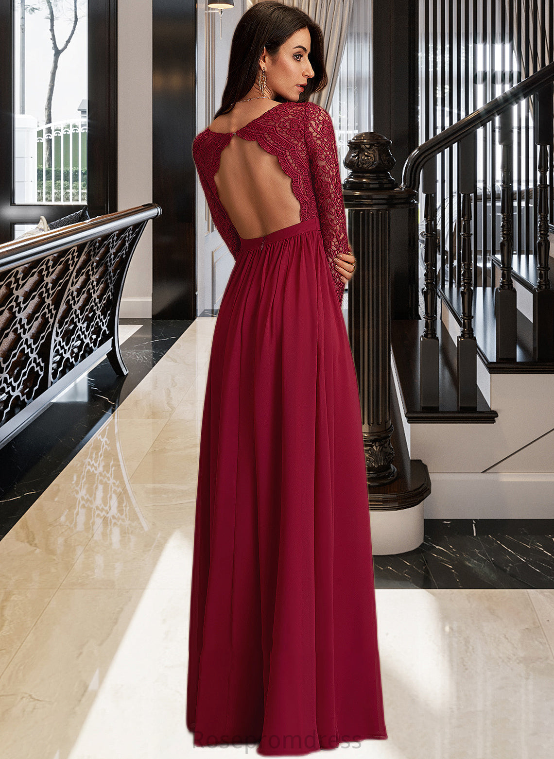 Aryanna A-Line V-neck Floor-Length Chiffon Bridesmaid Dress With Lace SRSP0013160