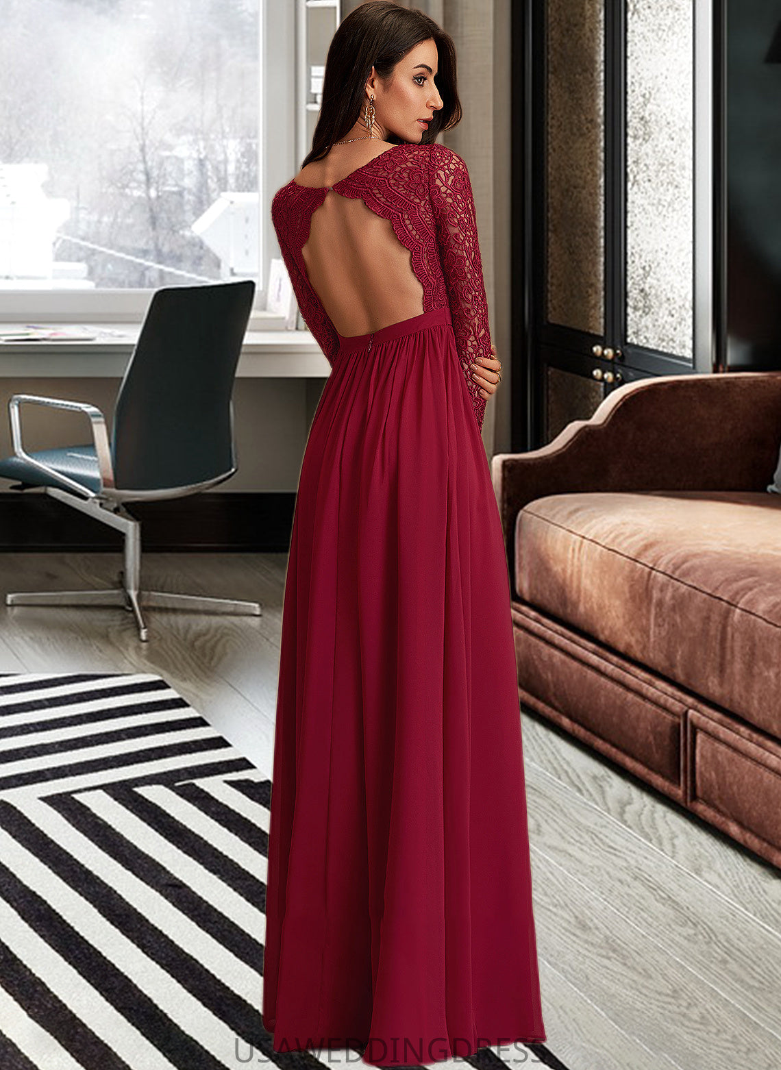 Anabel A-Line V-neck Floor-Length Chiffon Bridesmaid Dress With Lace DSP0013160