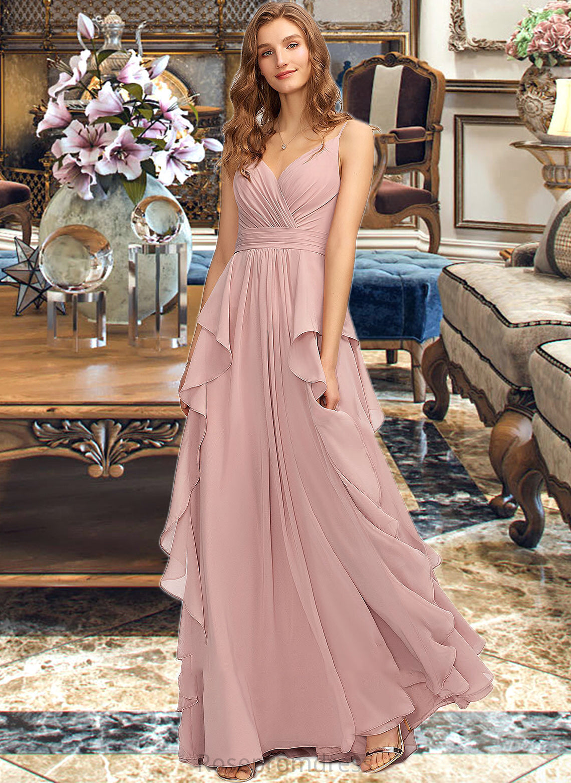 Thalia A-Line V-neck Floor-Length Chiffon Bridesmaid Dress With Ruffle Cascading Ruffles SRSP0013161