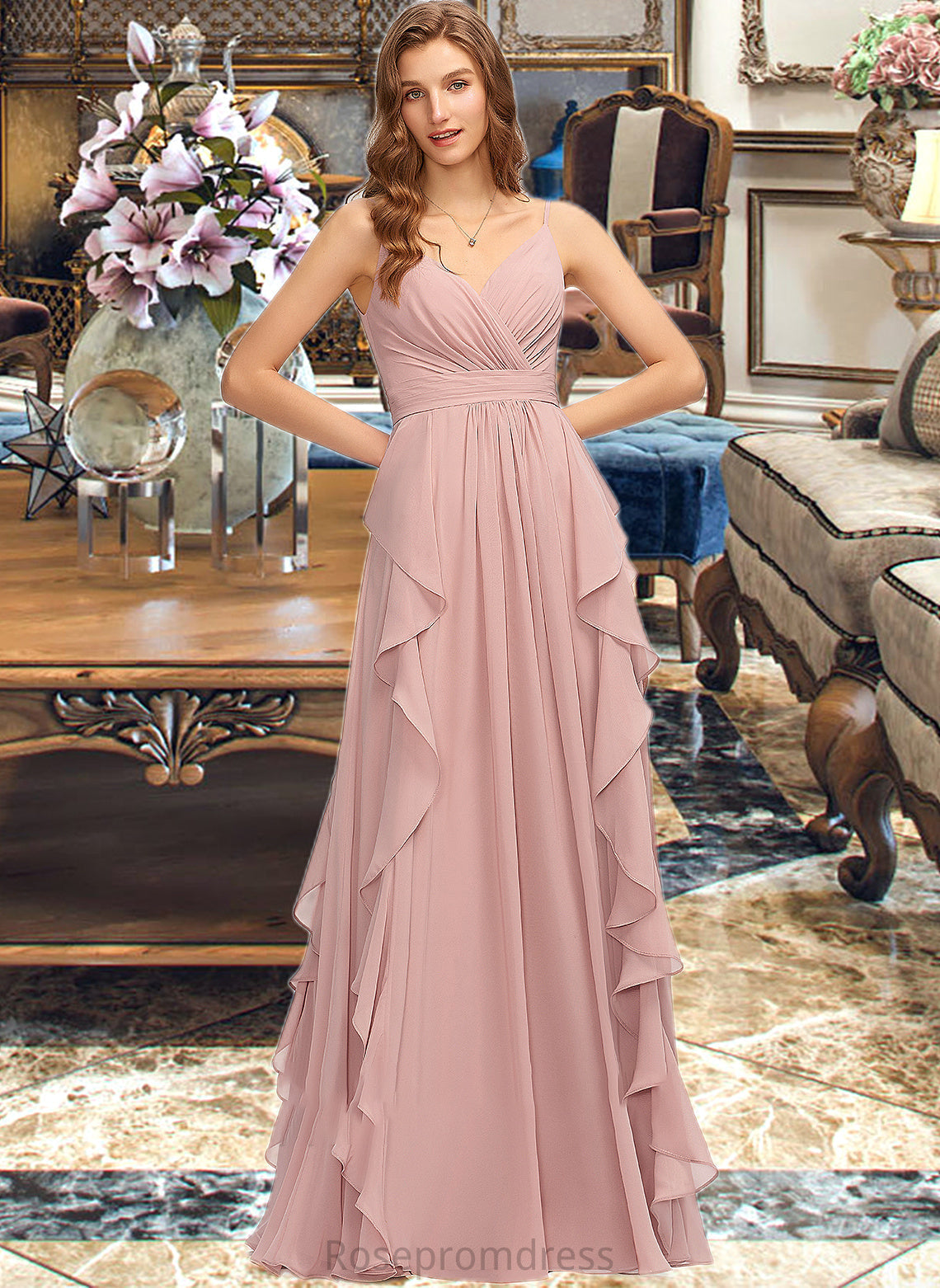 Thalia A-Line V-neck Floor-Length Chiffon Bridesmaid Dress With Ruffle Cascading Ruffles SRSP0013161