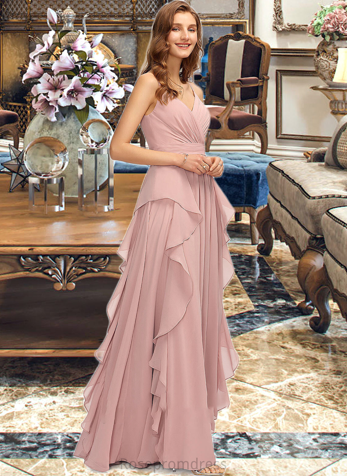 Thalia A-Line V-neck Floor-Length Chiffon Bridesmaid Dress With Ruffle Cascading Ruffles SRSP0013161