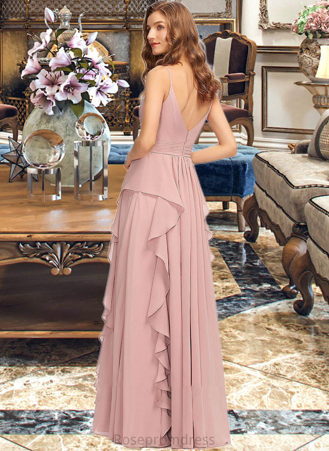 Thalia A-Line V-neck Floor-Length Chiffon Bridesmaid Dress With Ruffle Cascading Ruffles SRSP0013161