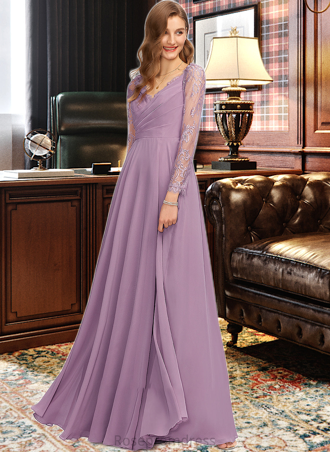 Stacy A-Line V-neck Floor-Length Chiffon Bridesmaid Dress SRSP0013162