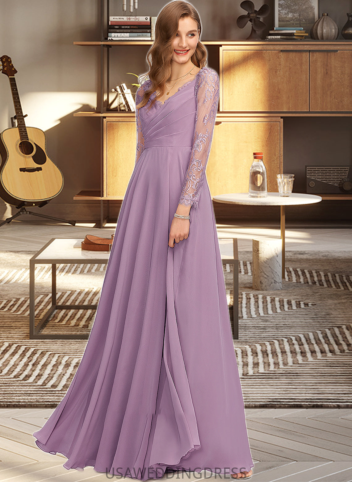 Andrea A-Line V-neck Floor-Length Chiffon Bridesmaid Dress DSP0013162