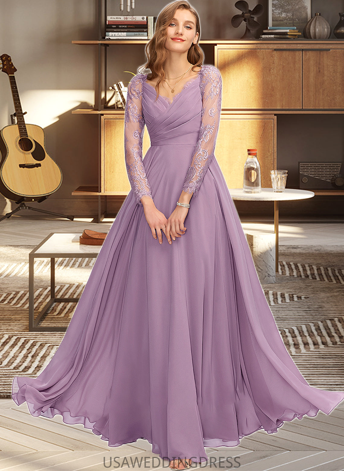 Andrea A-Line V-neck Floor-Length Chiffon Bridesmaid Dress DSP0013162
