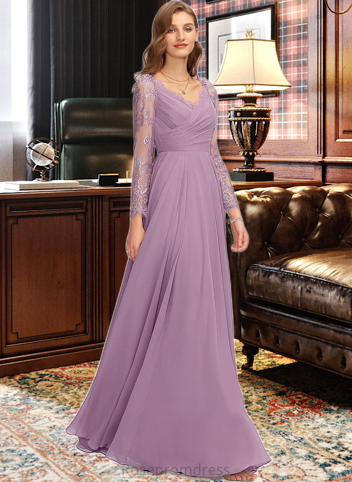 Stacy A-Line V-neck Floor-Length Chiffon Bridesmaid Dress SRSP0013162
