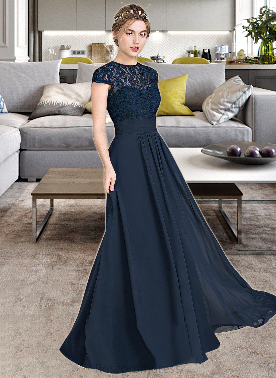 Dayana A-Line Sweetheart Floor-Length Chiffon Lace Bridesmaid Dress With Ruffle SRSP0013163