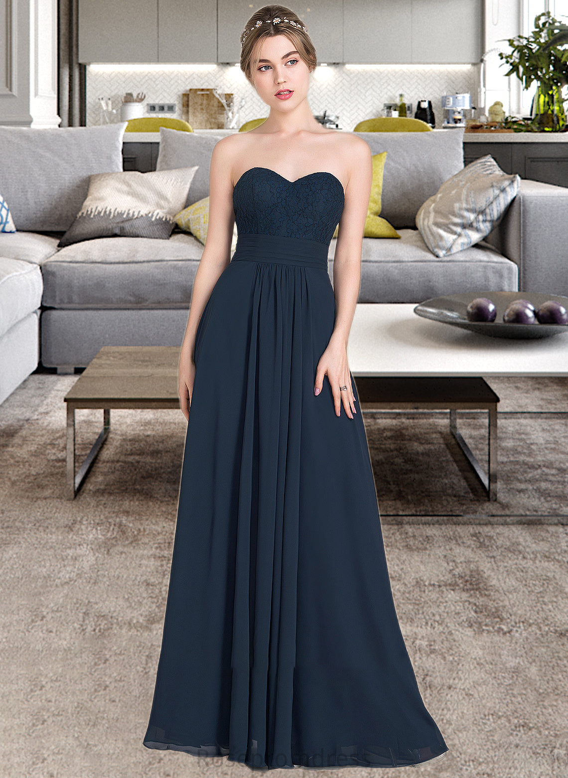 Dayana A-Line Sweetheart Floor-Length Chiffon Lace Bridesmaid Dress With Ruffle SRSP0013163