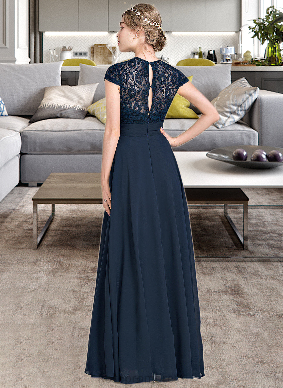 Dayana A-Line Sweetheart Floor-Length Chiffon Lace Bridesmaid Dress With Ruffle SRSP0013163