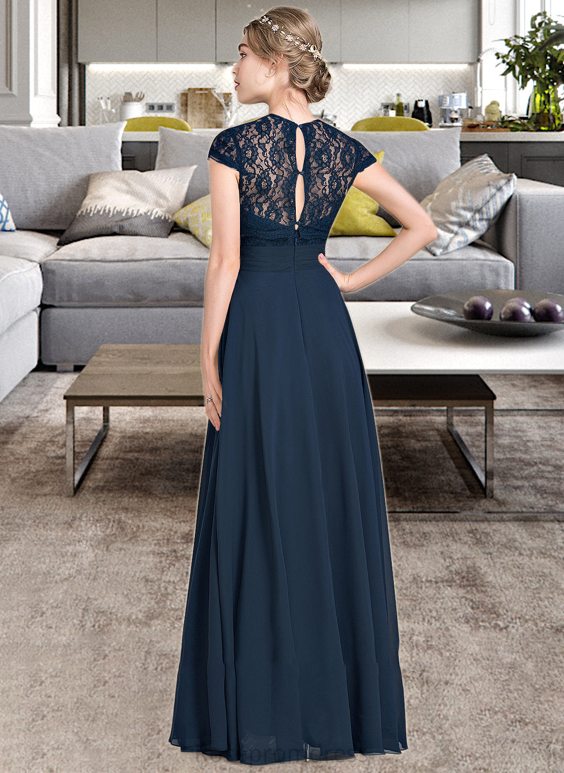Dayana A-Line Sweetheart Floor-Length Chiffon Lace Bridesmaid Dress With Ruffle SRSP0013163