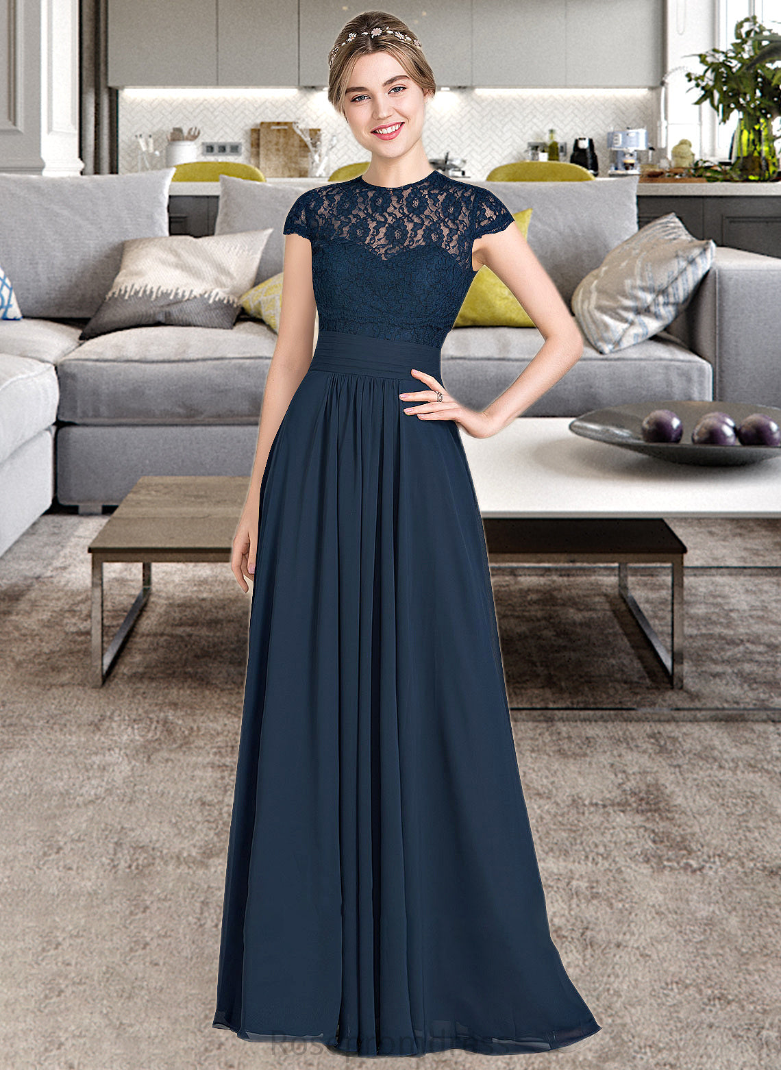 Dayana A-Line Sweetheart Floor-Length Chiffon Lace Bridesmaid Dress With Ruffle SRSP0013163