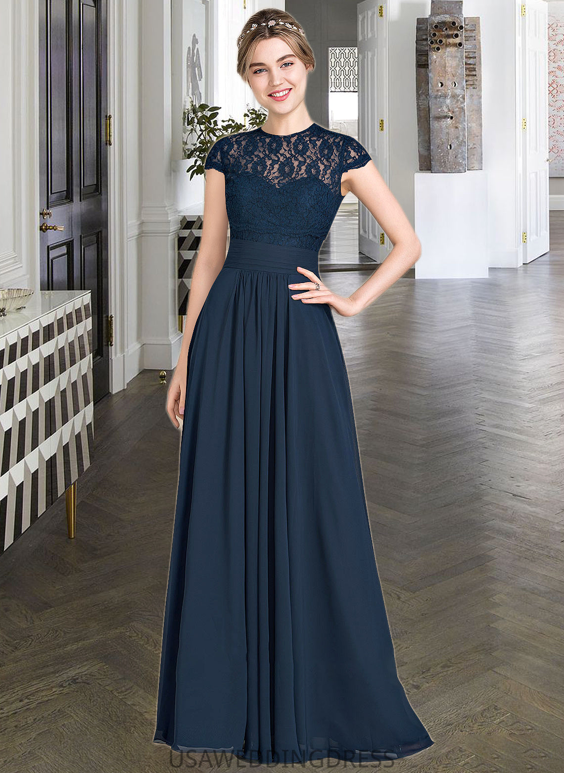 Hortensia A-Line Sweetheart Floor-Length Chiffon Lace Bridesmaid Dress With Ruffle DSP0013163