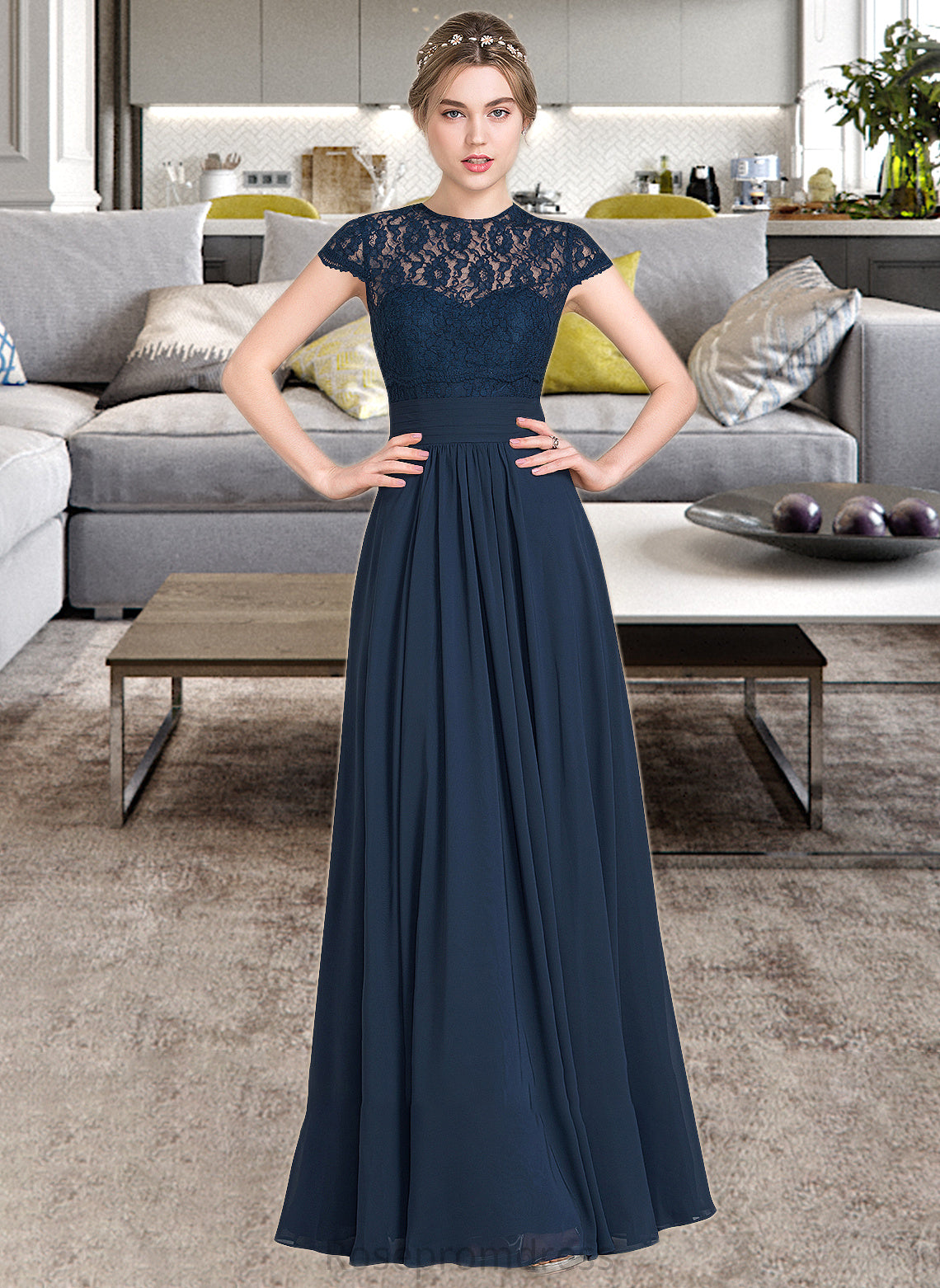 Dayana A-Line Sweetheart Floor-Length Chiffon Lace Bridesmaid Dress With Ruffle SRSP0013163