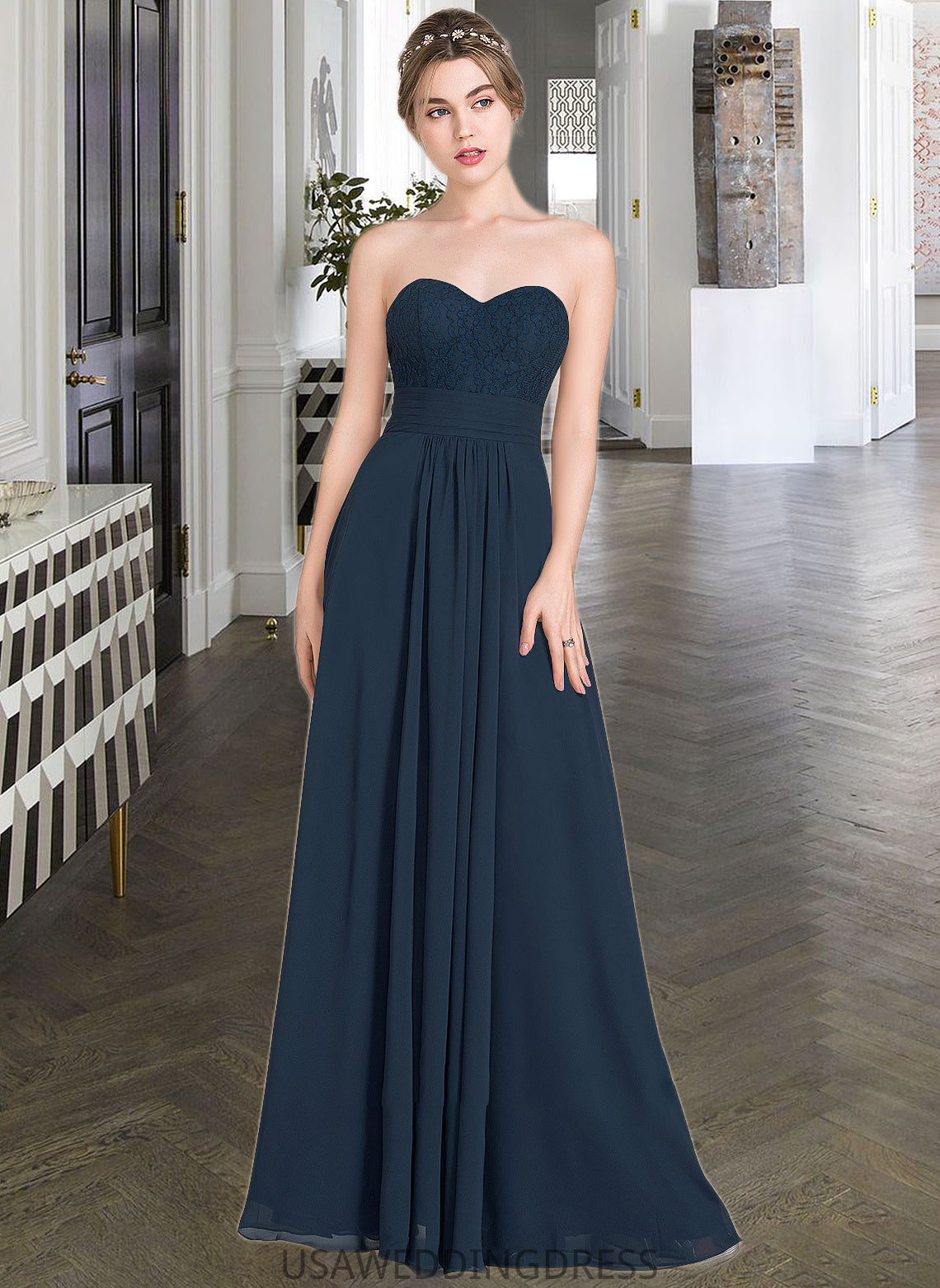 Hortensia A-Line Sweetheart Floor-Length Chiffon Lace Bridesmaid Dress With Ruffle DSP0013163