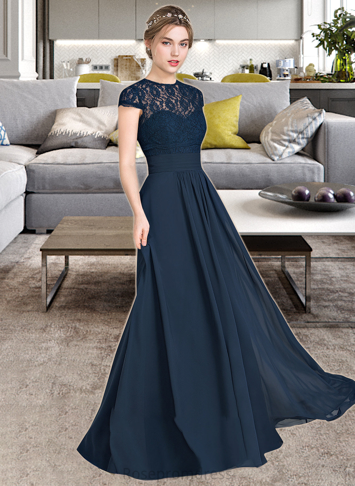 Dayana A-Line Sweetheart Floor-Length Chiffon Lace Bridesmaid Dress With Ruffle SRSP0013163