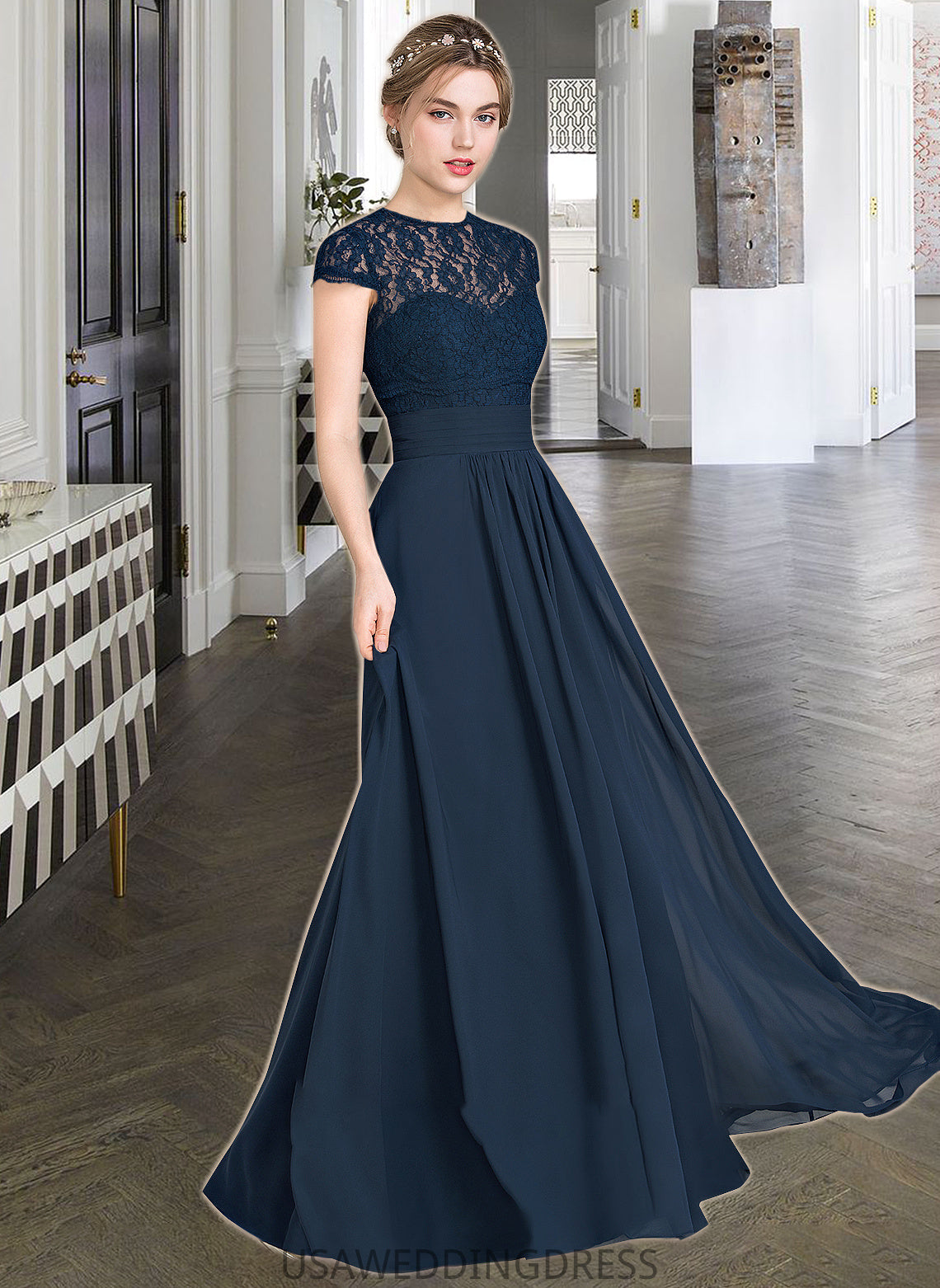 Hortensia A-Line Sweetheart Floor-Length Chiffon Lace Bridesmaid Dress With Ruffle DSP0013163