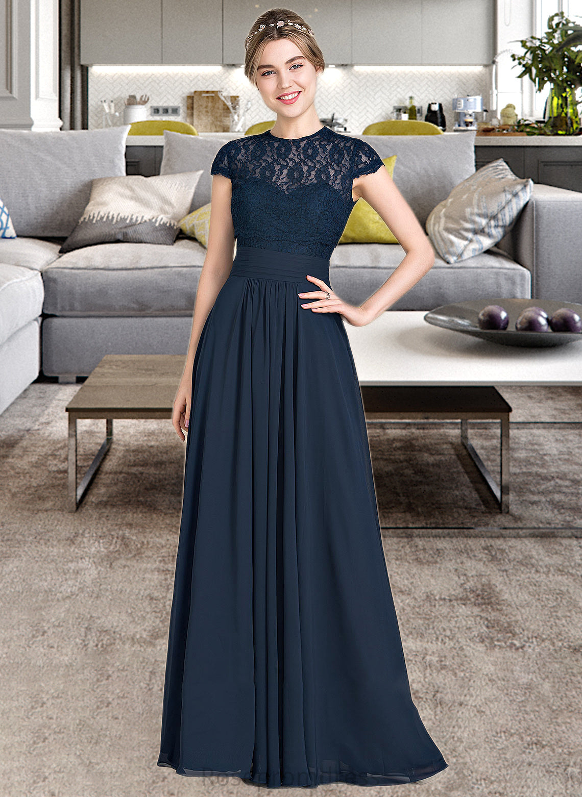 Dayana A-Line Sweetheart Floor-Length Chiffon Lace Bridesmaid Dress With Ruffle SRSP0013163
